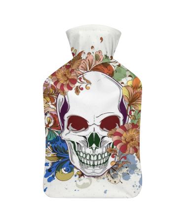 Skull Flowers Hot Water Bottle With Cover Plush Bed Bottle Hand Warmer For Adults And Children 26.5X15.3cm