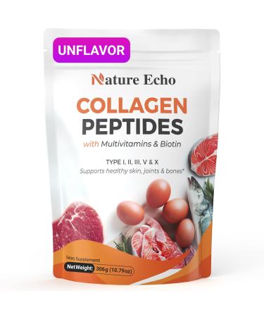 Nature Echo Collagen Peptides Powder Premium Hydrolyzed Multi-Collagen Complex with Biotin Hyaluronic Acid & Essential Vitamins for Skin Hair & Joint Health - Unflavored (30 Servings)