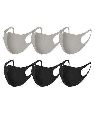 Reusable Fashion Protective Sponge Face Masks Breathable Anti-Dust Elastic Ear Loop Mask, 3 Black and 3 Grey