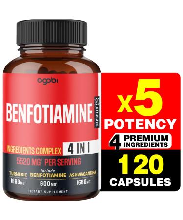 4in1 Benfotiamine Supplement 5520Mg - 2 Months for Digestion Energy Production & Immune - Plus Turmeric Curcumin Root Ashwagandha Root & Organic Gymnema Sylvestre - 120 Capsules