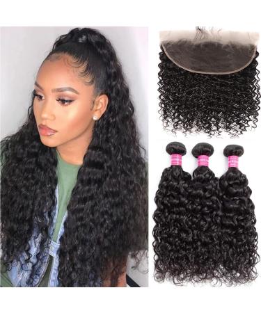 Water Wave Bundles with Frontal 13x4 Ear to Ear HD Lace Frontal with 3 Bundles 12A Virgin Human Hair Bundles Free Part Unprocessed Wet and Wavy Human Hair Extensions Natural Color (16 18 20 +16) 16 18 20+16 Water Wave