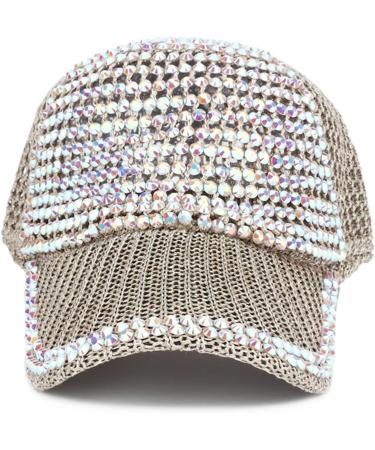 Women's Studded Rhinestone Sun Cap | Adjustable Ponytail Mesh Baseball Cap | Bling Casual Sports Hat | Khaki - Buy Online on GoSupps.com