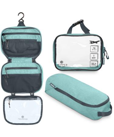 Toiletry Bag Kit Set: Hanging Travel Toiletry Bag + 311 TSA Cosmetic Liquid Bag + Ultralight Accessory Organizer Pouch (Dusty Teal)