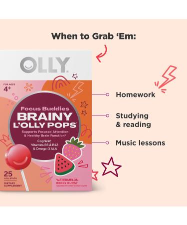 OLLY Focus Buddies L OLLY Pops Cognizin Vitamins B6 and B12 Omega-3 ALA Supports Focused Attention and Healthy Brain Function * Kids 4+ Dietary Supplement Watermelon Strawberry Flavored 25 Count - Buy Online on GoSupps.com