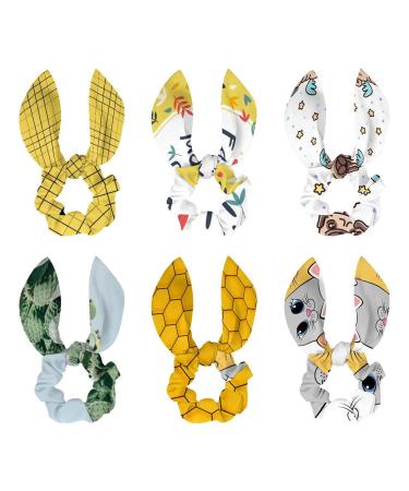 6 Pieces Hair Scrunchies Soft Scarves Scrunchies Elastic Hair Bands Bow Hair Ties Rabbit Ears Scrunchy Ponytail Holder Hair Accessories for Women Girls Grey Yellow White Cats Smiling Multi-colored 19