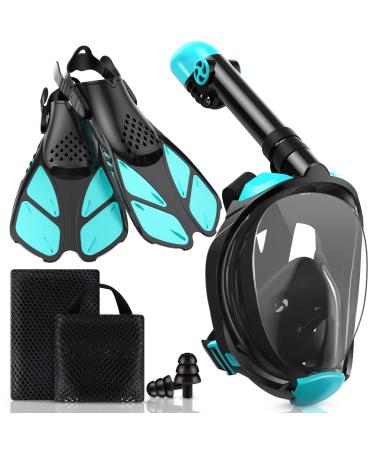 Viginsul Snorkeling Gear for Adults, Full-Face-Snorkel-Mask with Dry Top System & Adjustable Swim Fins, Foldable Panoramic View Snorkeling Mask Set Anti-Fog Anti-Leak S/M mask+S/M fins Black Green