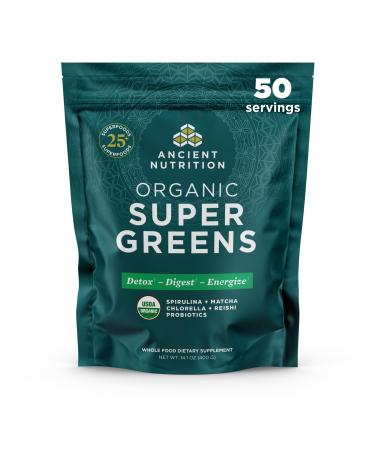 Ancient Nutrition Super Greens Powder Organic Superfood Powder with Probiotics Made with Spirulina Chlorella Matcha and Digestive Enzymes 50 Servings 14.1 oz Greens 50 Servings (14.1 Ounce)