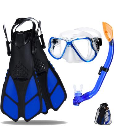 Kids Mask Fin Snorkel Set for 3-7 Years Old Boys and Girls with Panoramic Snorkel Mask Diving Goggles Dry Top Snorkel and Adjustable Fins for Snorkeling Swimming Freediving Blue