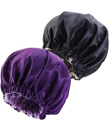 NIXISWAG 2PCS Silk Bonnet Sleep Cap for Curly Hair-Silk Hair Wrap for Sleeping-Bonnet for Women-Satin Bonnet and Hair Cap-Bonnets-Stylish Hair Bonnet with Elastic Band 1-Purple & 1-Black