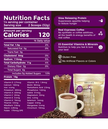 CLICK All-in-One Protein & Coffee Meal Replacement Mix - Vanilla Latte | 10 Single-Serving Packets - International Shipping - Buy Online on GoSupps.com