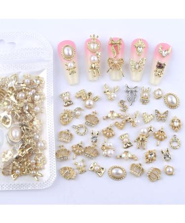Dornail 50 Pcs Gold Nail Charms - Mix Styles Glitter Stones Pearl Alloy Nail Art Accessories for Women - DIY Nail Decoration with Flowers Butterflies & Stars - Buy Online on GoSupps.com