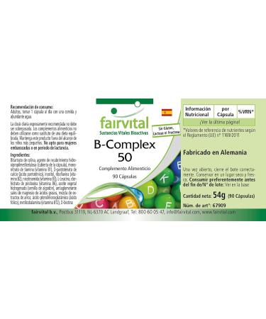 Fairvital | Vitamin B Complex - box of 3 months - with Vitamin B1 B2 B3 B6 B12 folic acid choline inositol and Biotin - VEGAN - Highly dosed - 90 capsules - Buy Online on GoSupps.com
