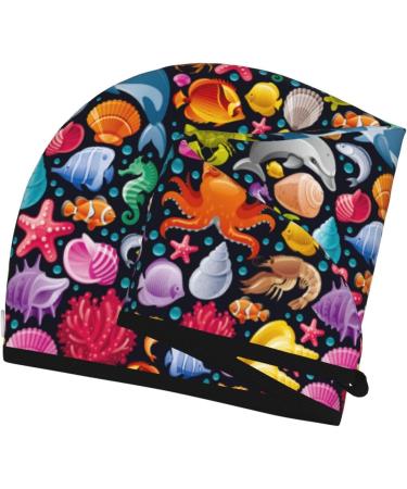 Quick-Dry Hair Towel Wrap for Fast Drying - Button Closure Towel Turban with Underwater Diving Animals Design - Buy Online on GoSupps.com