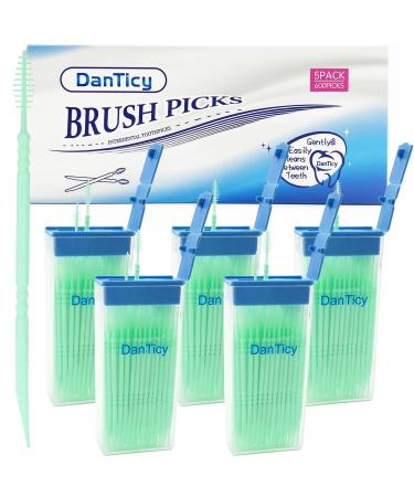 Brushpicks Interdental Toothpicks Soft Bristle Dental Floss Picks Toothpicks Helps Removes Plaque and Debris Between Your Teeth 600PCS (Pack of 5) Mint