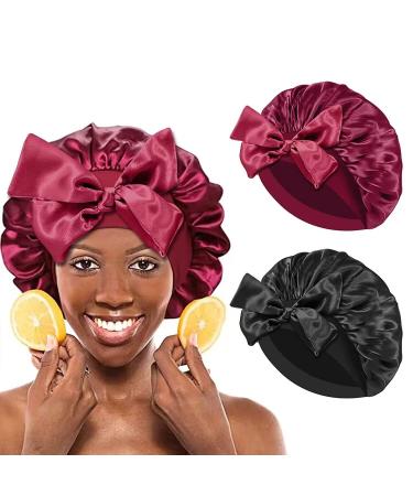 2 PCS Silk Bonnets for Sleeping Satin Hair Wrap Bonnet for Black Women Girls Silk Sleeping Night Shower Cap Reversible Bonnet with Tie Band Ajustable Sleep Cap for Long Curly Hair(Black & Wine Red) Multicolor