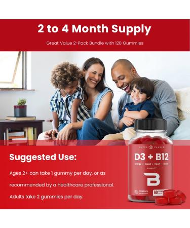 Vitamin D3 & B12 Methyl Gummies | Enhanced with Vitamin D, B9 Folate | Natural Energy & Mood Support | Raspberry Flavor | 60 Gummies - Buy Online on GoSupps.com