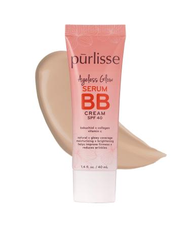 purlisse Ageless Glow Serum BB Cream SPF 40 : Clean & Cruelty-Free, Full & Flawless Coverage, Hydrates with Collagen | Light 1.4oz