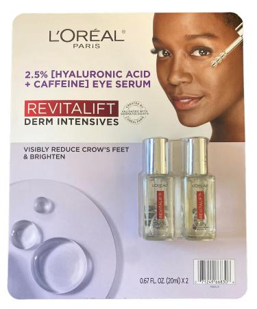 L'Oreal Paris Revitalift Derm Intensives Hyaluronic Acid + Caffeine Hydrating Eye Serum, 0.67 Fl. Oz (Pack of 2)