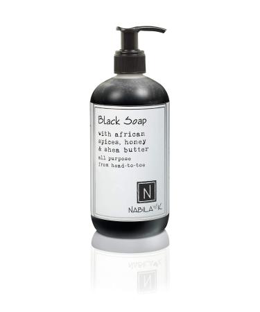 Black Soap with African Spices Honey & Shea Butter - All Purpose Whole Body Liquid Soap with Naturally Derived Ingredients - Combination Hand Soap Shower Gel Shampoo Shaving Cream - 12 oz