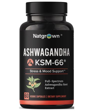Natgrown Ashwagandha KSM 66 Supplement 600 mg - Stress Mood & Athletic Support - Organic KSM66 Root Extract with 5% Withanolides - Vegan Capsules - 60 Count 60 Count (Pack of 1)
