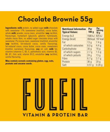 Fulfil Chocolate Brownie Protein Bar (15 x 55g Bars) - 20g Protein, 9 Vitamins, Low Sugar - Buy Online on GoSupps.com