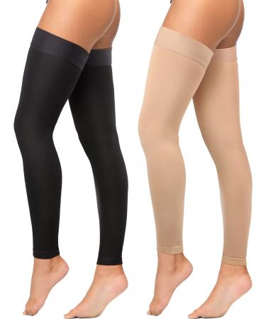 2 Pairs Thigh High Compression Stockings Footless 20-30 mmHg Compression Stockings with Silicone Dot Band for Unisex (Beige, Black,Medium) Beige, Black Medium