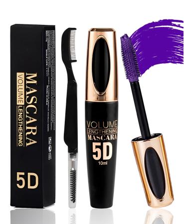 Purple Waterproof Mascara for Eyelashes 5D Silk Fiber Mascara with Folding Eyelash Comb Brush Liquid Colored Mascara Lash Extensions Volumizing and Thick Smudge-proof Long Lasting Party Stage Use