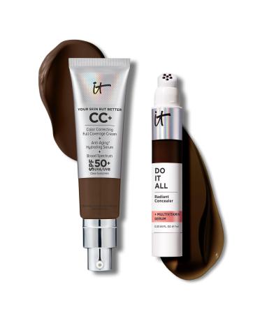 IT Cosmetics CC+ Cream with SPF 50+ Natural Finish Full Coverage Foundation (Deep Cool - 1.08 fl oz) & Do It All Radiant Concealer Multivitamin Serum Makeup (625 Deepest Cool - 0.2 fl oz)