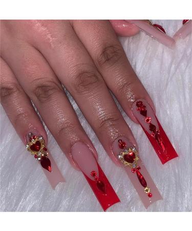 Soild Red Rhinstones Fake Nail Square Long Press on Nails French Tips Nail Art Decoration for Women and Girls Manicure 24pc