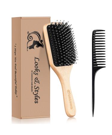 Hair Brush Sosoon Boar Bristle Paddle Hairbrush for Long Thick Curly Wavy Dry or Damaged Hair Reducing Hair Breakage and Frizzy No More Tangle Giftbox & Hair Comb Included 1 Count (Pack of 1)