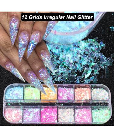 Holographic Nail Art Glitter & Iridescent Flakes - 12 Grids Mermaid Sequins for DIY Nail Design & Decoration | Colorful Fluorescent Supplies - Buy Online on GoSupps.com