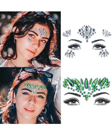 2 Sheets Crystals Face Stickers St.Patrick's Day Face Gems Mermaid Tear Sticker Festival Face Jewels Party Body Gems Sparkle Body Jewels Decoration Make Up for Women and Girls(Green+Withe)