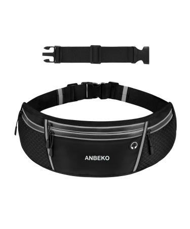 ANBEKO Running belt for Men Women with Extender, Large Capacity Runner Waist Pack with 4 Pockets,Hiking Travel Camp Running Workout Belt Bag,Reflective No Bounce Waist Bag,Easy Carry Large Phones (black)