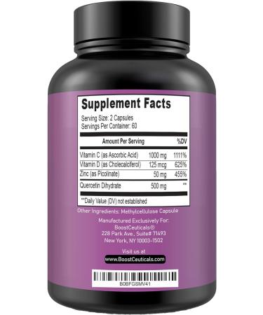 BoostCeuticals Quercetin Zinc Vitamin C Vitamin D - Vegan Pure Zinc Quercetin Formula - Non GMO - 120 Capsules - Buy Online on GoSupps.com