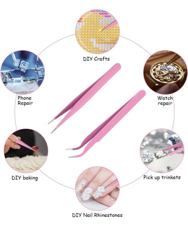Ainiv 2Pcs Straight & Curved Lash Tweezers Kit - Stainless Steel Pointed Tweezers for Eyelash Extensions, DIY Crafts, Nail Art - Pink - Buy Online on GoSupps.com