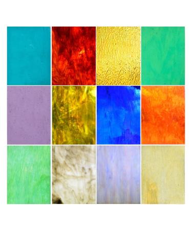 Wecrejoni 12 Sheets Variety Stained Glass Sheets,4 X 6" Cathedral Art Glass Variety Mixed Textures Glass Sheets for Stained Glass Projects, for Crafts (Mix-2)