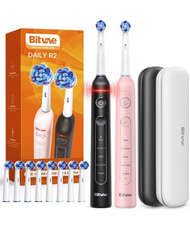 Bitvae Rotating Electric Toothbrush 2 Packs for Adults with Pressure Sensor Gifts for Men/Women 5 Modes Rechargeable Power Toothbrush with 8 Brush Heads Black & Pink R2 Black & Pink 2 Packs