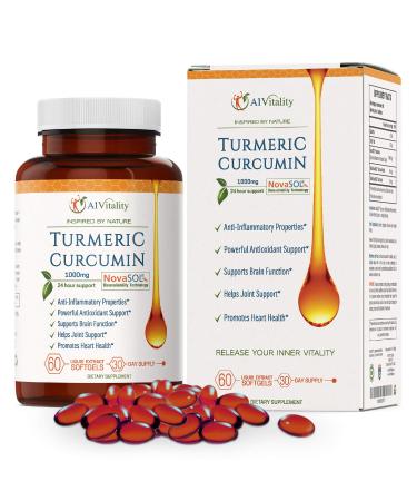 A1 Vitality Turmeric Curcumin NovaSOL Supplements 1000mg More Potent Than Bioperine - Inflammation, Joint Pain Relief - 185x Bioavailable Than Turmeric Black Pepper Capsules  Best Natural Softgels