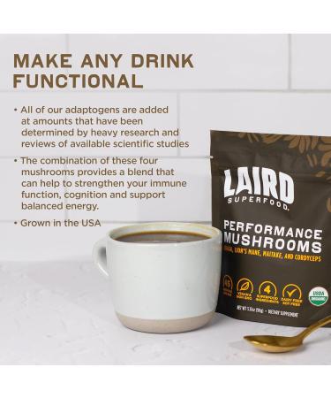 Organic Performance Mushroom Blend | Laird Superfood - Energy & Cognition | Chaga, Cordyceps, Lion's Mane, Maitake - 3.17 oz - Buy Online on GoSupps.com