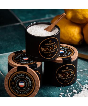 Fleur de Sel Sea Salt from Guerande France - Flaky Celtic Sea Salt - 3.5 Oz (100g) with Salt Cork Box and Wooden Spoon - Buy Online on GoSupps.com