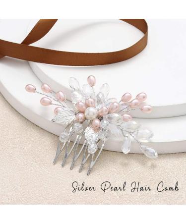 Edary Silver Bride Wedding Hair Comb Pink Pearl Headpiece Leaf Bridal Hair Accessories for Women and Girls - Buy Online on GoSupps.com