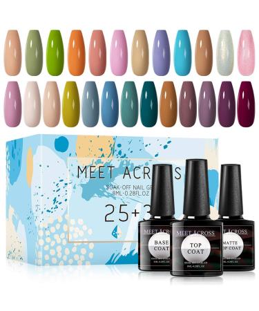 MEET ACROSS Gel Nail Polish Kit, 25 Pcs Popular Color Gel Polish Set with No Wipe Base and Matte Glossy Top Coat Soak Off Nail Lamp for Nail Art Salon Starter Manicure Kit 25+3-P001