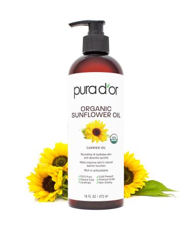 PURA D'OR 16 Oz ORGANIC Sunflower Seed Oil - 100% Pure & Natural USDA Certified Cold Pressed Carrier Oil For DIY Beauty - Unscented Hexane Free Liquid Moisturizer - Face Skin & Hair - Men & Women