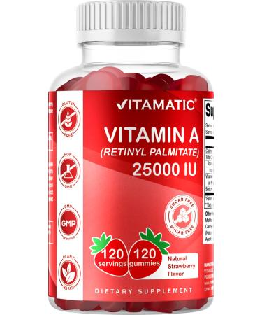 Vitamatic Sugar Free Vitamin A 25000 IU Gummies (Retinyl Palmitate) - Natural Strawberry Flavor - 120 Pectin Based Gummies - Buy Online on GoSupps.com