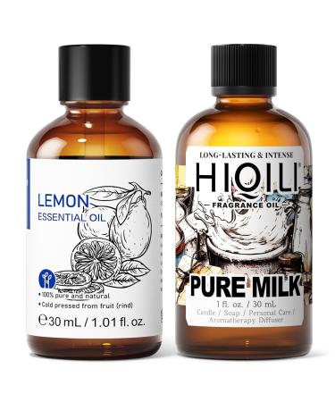 HIQILI 30ML Lemon Essential Oil & 30ML Pure Milk Fragrance Oil for DIY Diffuser