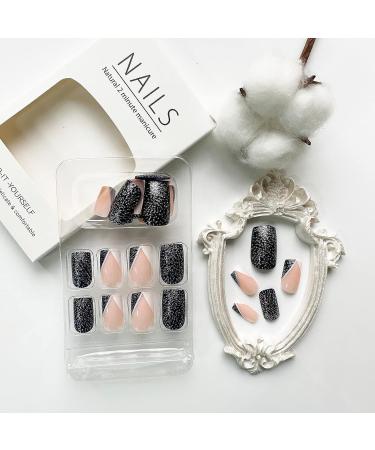 24Pcs Short Press On Nails: Square Shaped Black White V-Shaped French Tip False Nails with Silver Glitters - Glossy Acrylic Nails for Women and Girls - Buy Online on GoSupps.com