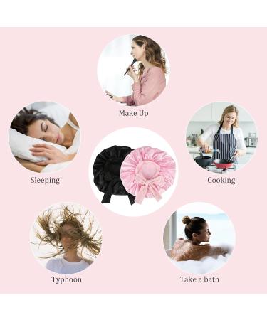 Silk Sleep Hood Bonnet Set - 2 Adjustable Satin Sleeping Caps with Hair Ties - Women's Sleepwear (Black & Pink) - Buy Online on GoSupps.com
