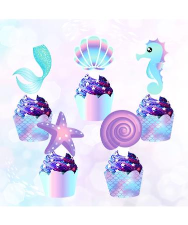 LaVenty Set of 20 Mermaid Cupcake Toppers Mermaid Cupcake Wrappers Mermaid Cupcake Decorations for Birthday Party or Baby Shower