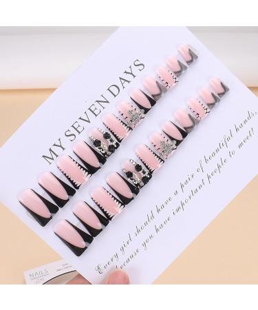 Buy BABALAL Duck Nails - Black French Tip Press-On Acrylic Nails with Star Planet Rose Charm - 24 Pcs Punk Goth Style | International Shipping - Buy Online on GoSupps.com