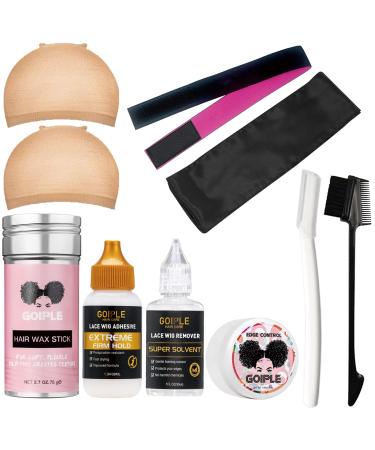 Goiple Wig Accessory Essentials Kit Lace Front Wig Glue & Remover, Wig Caps, Elastic Band, Hair Wax Stick, Edge Control, Edge Brush, Hair Shear Dermaplanning Razor Tool and Edge Scarf - 10PCS